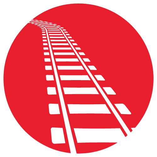White Icon of a railroad track in a red circle