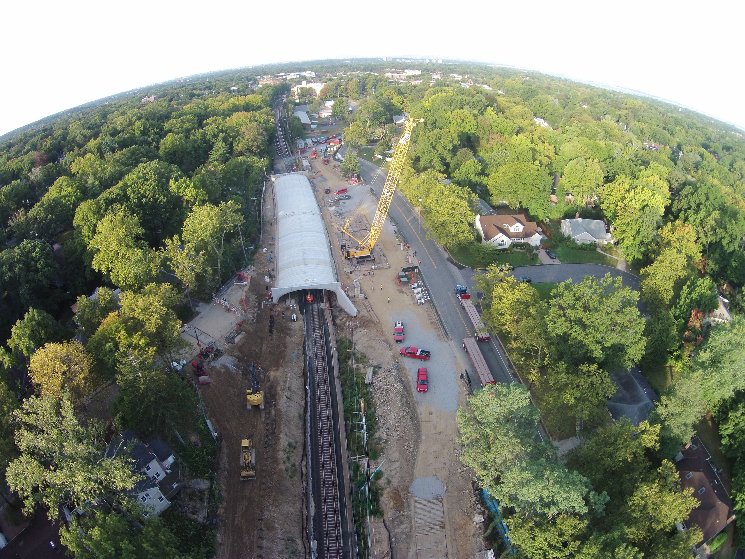 Aerial view of railroad construction site