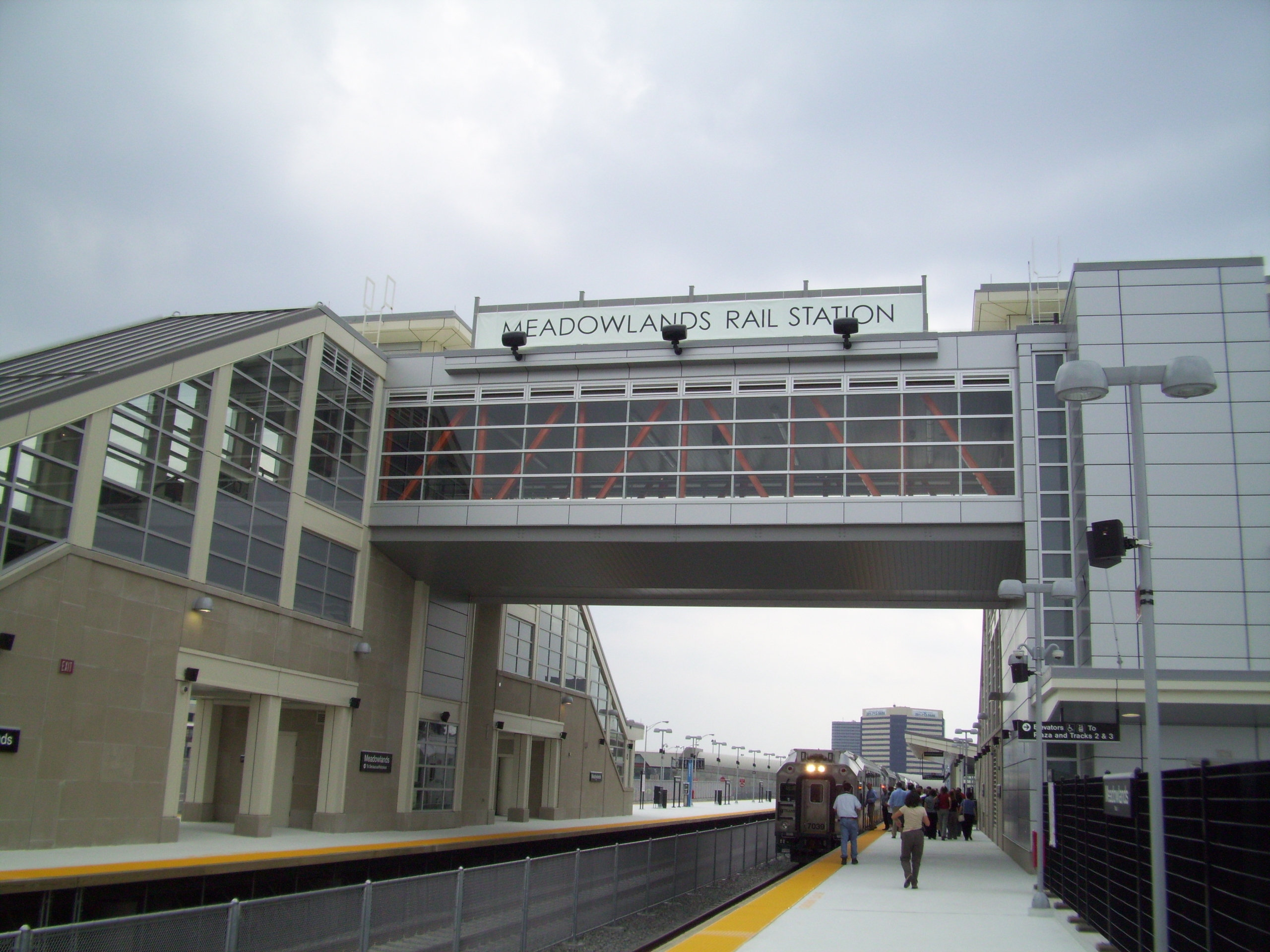 Meadowlands train station with train incoming