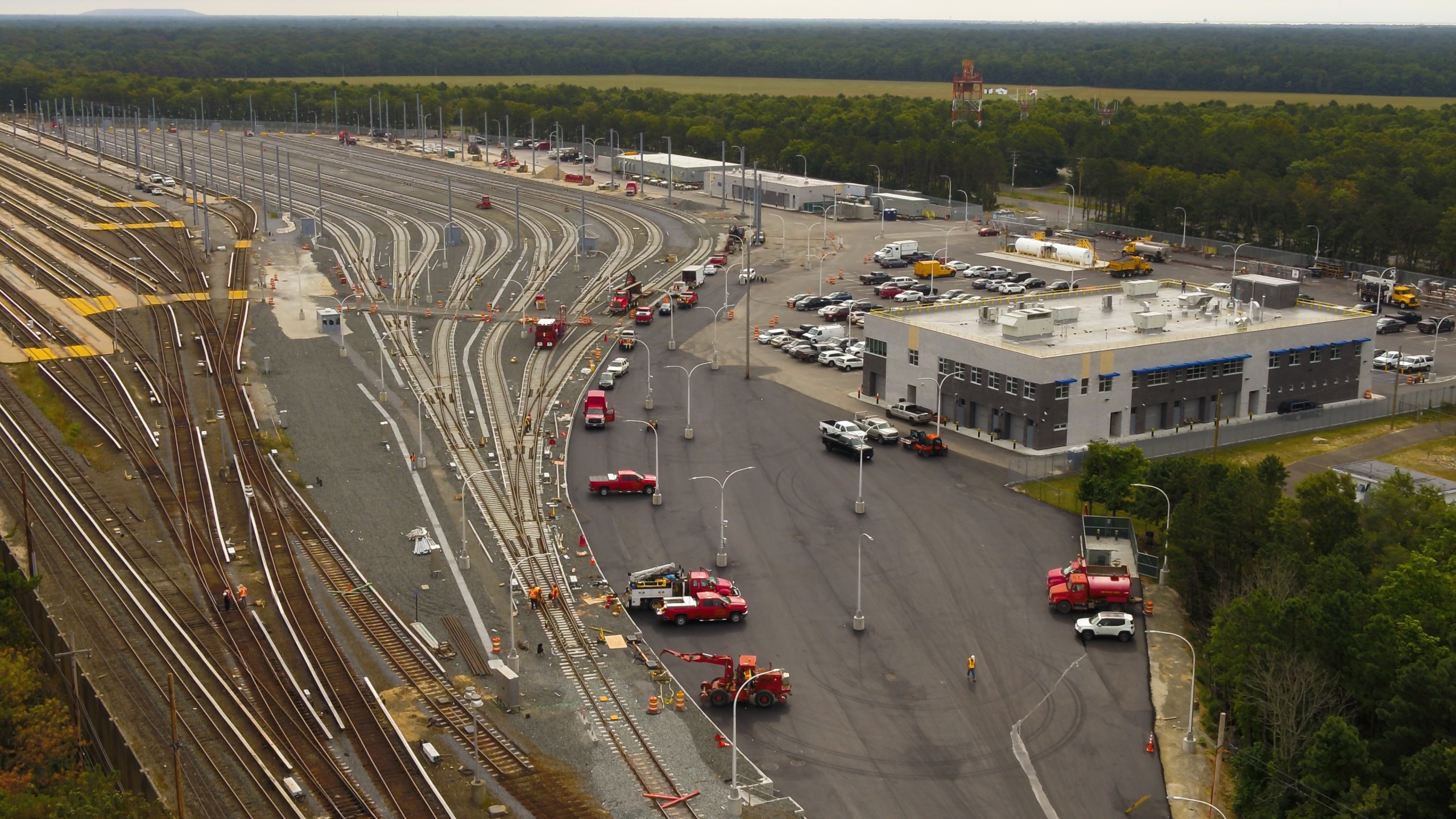 Building with railroad tracks in view