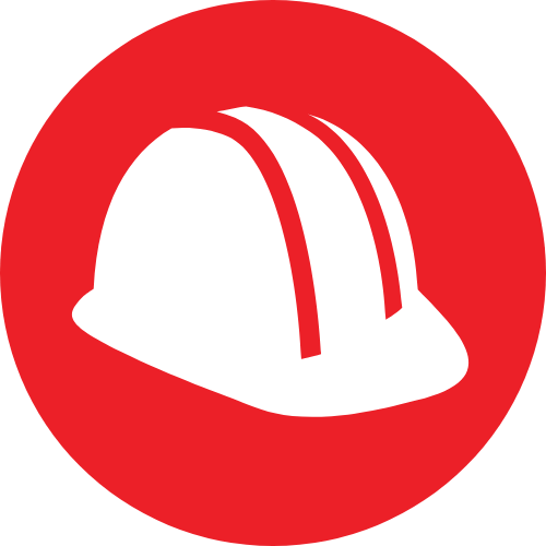 Coworkers red and white graphic with a hard hat symbol