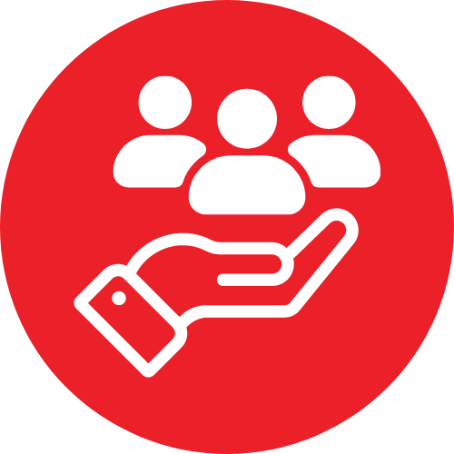 Customers red and white graphic with a hand under 3 profile pictures