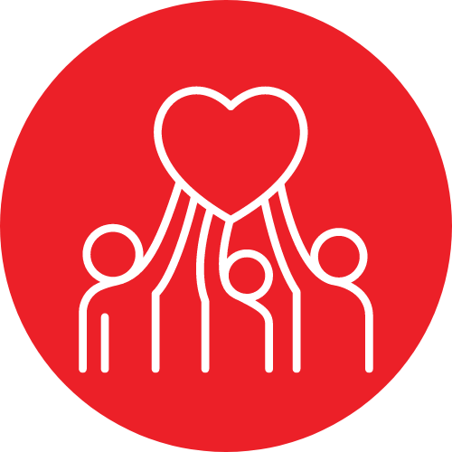 Community red and white graphic with a group of 3 holding up a heart