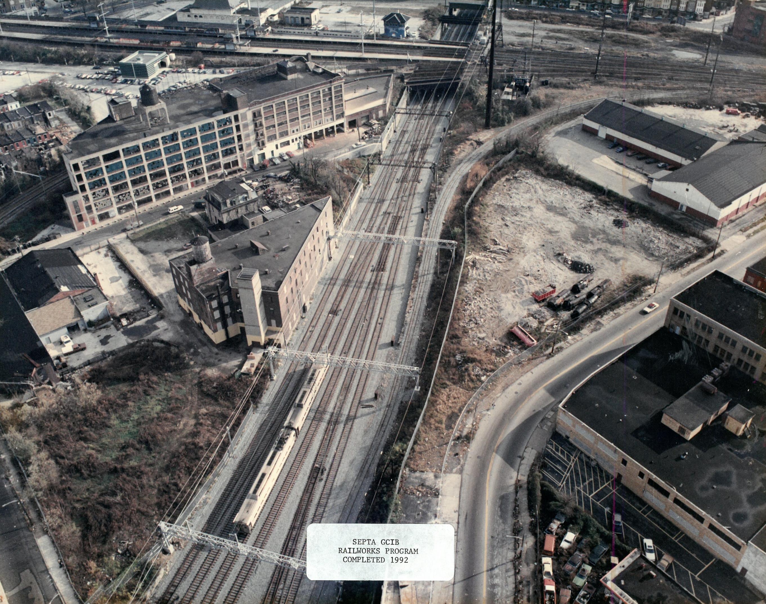 Birds eye view of SEPTA Main Line Bridge and Interlocking Rehab 1992