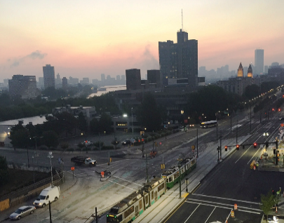 Buildings with sunset in the background