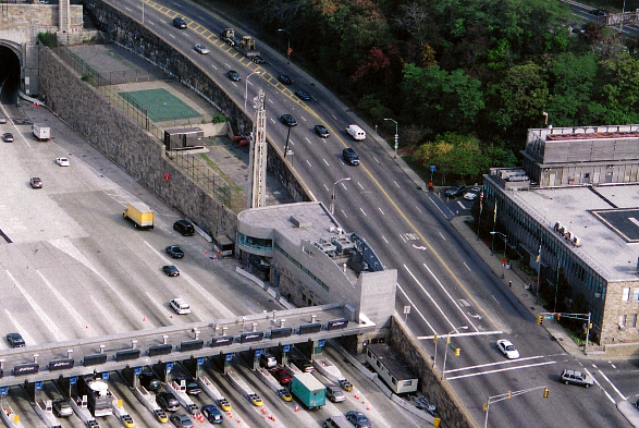 Birds eye view of cars entering lincoln tunnel toll plaza